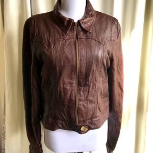 Mike & Chris Leather Jacket Coat Bomber Brown L Buttery Soft